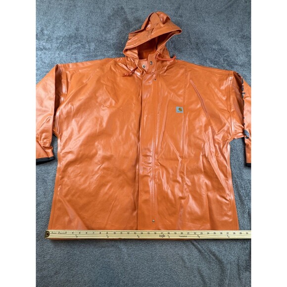 Carhartt Hooded Rain Jacket Mens XL Orange Waterproof PVC Windbreaker Workwear - Picture 4 of 12
